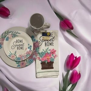 3 PIECE SPRING DECORATIVE CERAMIC DISH WARE AND TOWEL (COFFE MUG NOT INCLUDED)